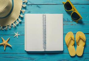 Summertime Relaxation Essentials on a Blue Wooden Surface photo