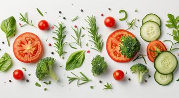 Fresh Broccoli, Tomatoes, Cucumber, and Rosemary Sprouts on White Background photo