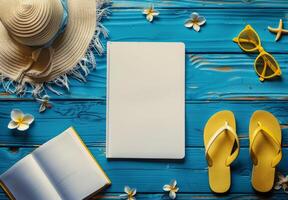 Summertime Relaxation Essentials on a Blue Wooden Surface photo