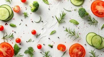 Fresh Broccoli, Tomatoes, Cucumber, and Rosemary Sprouts on White Background photo
