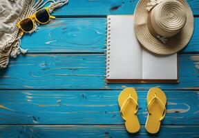 Summertime Relaxation Essentials on a Blue Wooden Surface photo