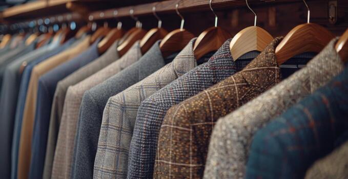 Row of Patterned Mens Suits Hanging on Wooden Hangers in a Retail Store photo