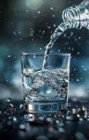 Water Pouring Into Glass on Dark Blue Background photo