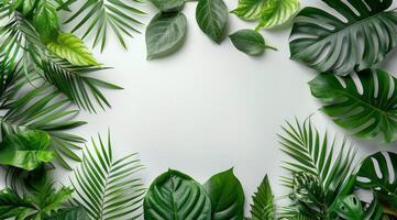 Lush Green Tropical Leaves Arranged Around White Background photo