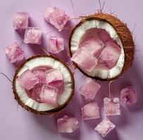 Pink Coconut Ice Cubes on Lavender Background photo
