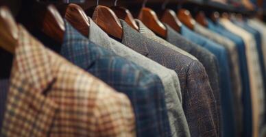 Row of Patterned Mens Suits Hanging on Wooden Hangers in a Retail Store photo