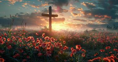 Wooden Cross Standing in a Field of Flowers at Sunset photo