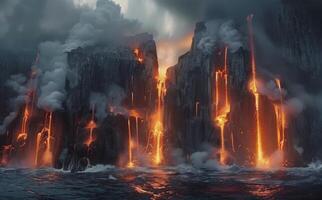 Dramatic Lava Falls Pouring Into The Ocean photo