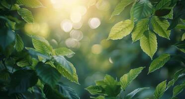 Green Leaves Illuminated by Sunlight in a Lush Forest photo