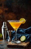 Salted Rim Margarita Cocktail With Lime Garnish on a Wooden Board photo