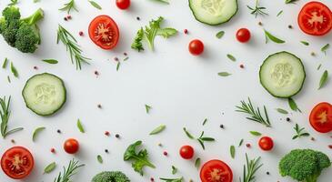 Fresh Broccoli, Tomatoes, Cucumber, and Rosemary Sprouts on White Background photo