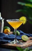 Salted Rim Margarita Cocktail With Lime Garnish on a Wooden Board photo