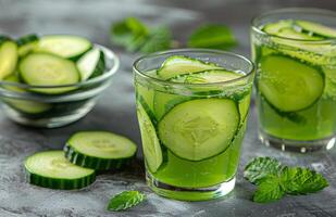 Refreshing Cucumber Mint Beverage With Sliced Cucumbers photo