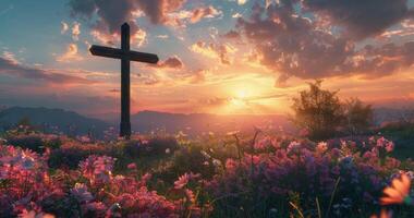 Wooden Cross Standing in a Field of Flowers at Sunset photo