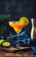 Salted Rim Margarita Cocktail With Lime Garnish on a Wooden Board photo