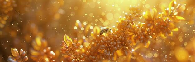 A Bee Gathering Pollen on a Flower Branch in the Sunlight photo