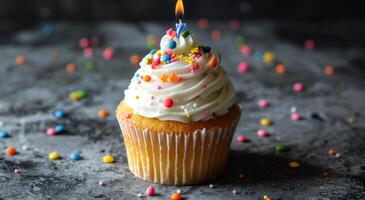 Single Birthday Cupcake With Sprinkles and Lit Candle on a Dark Background photo