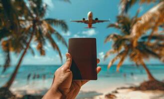 Person Holding Passport With Airplane Flying Over Tropical Beach photo