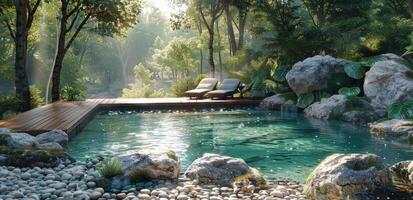 Tranquil Poolside Retreat in Lush Jungle Setting on a Sunny Morning photo