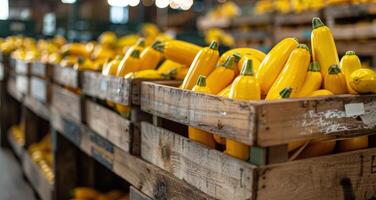 Fresh Yellow Summer Squash in Wooden Crates at a Market photo