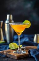 Salted Rim Margarita Cocktail With Lime Garnish on a Wooden Board photo