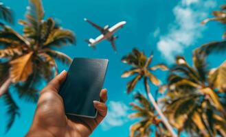 Person Holding Passport With Palm Trees and Airplane in Background on Sunny Day photo