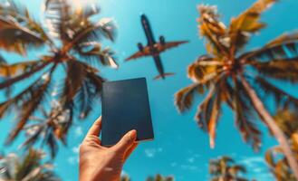 Person Holding Passport With Palm Trees and Airplane in Background on Sunny Day photo