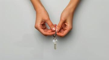 Woman Holding Silver Key On White Background photo