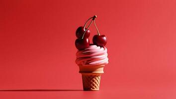 Vibrant red cherry fruits atop a swirly ice cream cone on a bold, fire engine red background photo