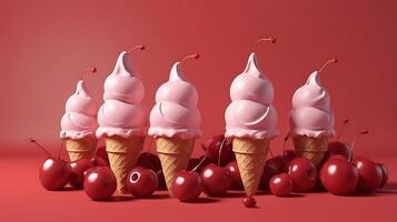 Red cherry fruits on an ice cream cone on a red background. Minimal summer fruity concept photo
