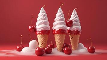 Red cherry fruits on an ice cream cone on a red background. Minimal summer fruity concept photo