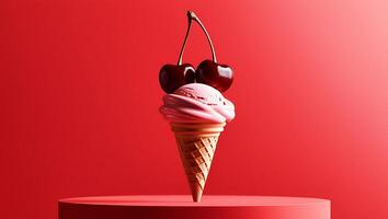 Vibrant red cherry fruits atop a swirly ice cream cone on a bold, fire engine red background photo