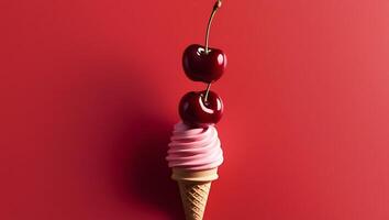 Vibrant red cherry fruits a top a swirly ice cream cone on a bold, fire engine red background photo