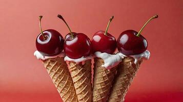 Red cherry fruits on an ice cream cone on a red background. Minimal summer fruity concept photo