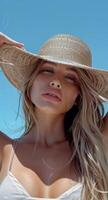 Woman Wearing Straw Hat on Beach in the Summertime photo