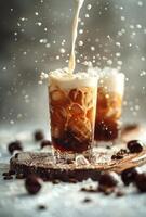 Iced Coffee With Whipped Cream and Cherries on a Wooden Board photo