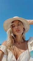 Woman Wearing Straw Hat on Beach in the Summertime photo