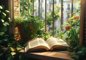 Open Book on a Sunny Balcony With Greenery and City View photo
