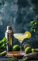 A Classic Margarita Cocktail With Lime Wedge and Salt Rim on a Wooden Board photo