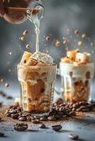 Iced Coffee With Marshmallows and Whipped Cream Being Poured in a Glass photo