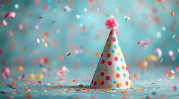 Colorful Party Hat With Confetti Falling On Blue Background photo