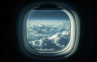 Airplane Window View of Fluffy Clouds During Flight photo