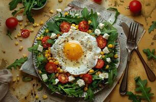 Arugula Salad With Fried Egg, Cherry Tomatoes, and Corn Kernels on a Plate photo