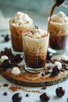Iced Coffee With Whipped Cream and Cherries on a Wooden Board photo