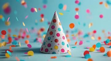 Colorful Party Hat With Confetti Falling On Blue Background photo
