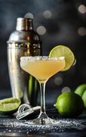 A Classic Margarita Cocktail With a Lime Garnish and Salt Rim photo