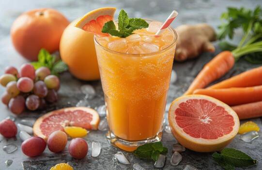 Refreshing Carrot, Grapefruit, and Grape Juice With Ice and Mint photo