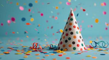 Colorful Confetti Falling Around a Polka Dot Party Hat photo