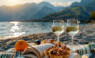 Sunset Beach Picnic With Wine and Pastries at the Lake photo