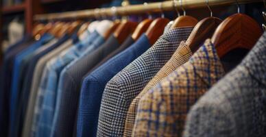 Row of Hangers With Various Mens Suits and Jackets in a Retail Store photo